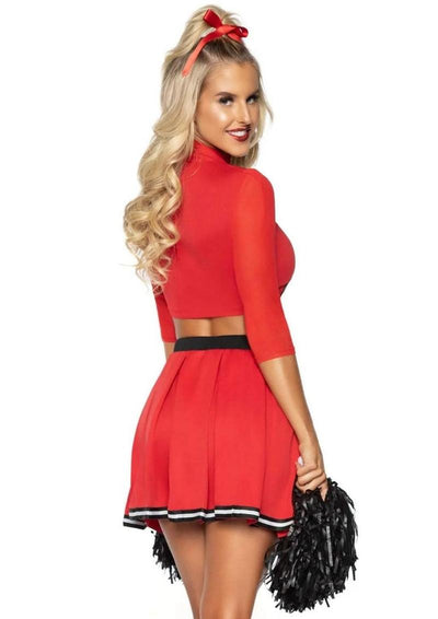 Leg Avenue Varsity Babe Set Crop Top with Cheer Logo, Pleated Skirt, and Pom Poms - Red - XSmall - 3 Piece