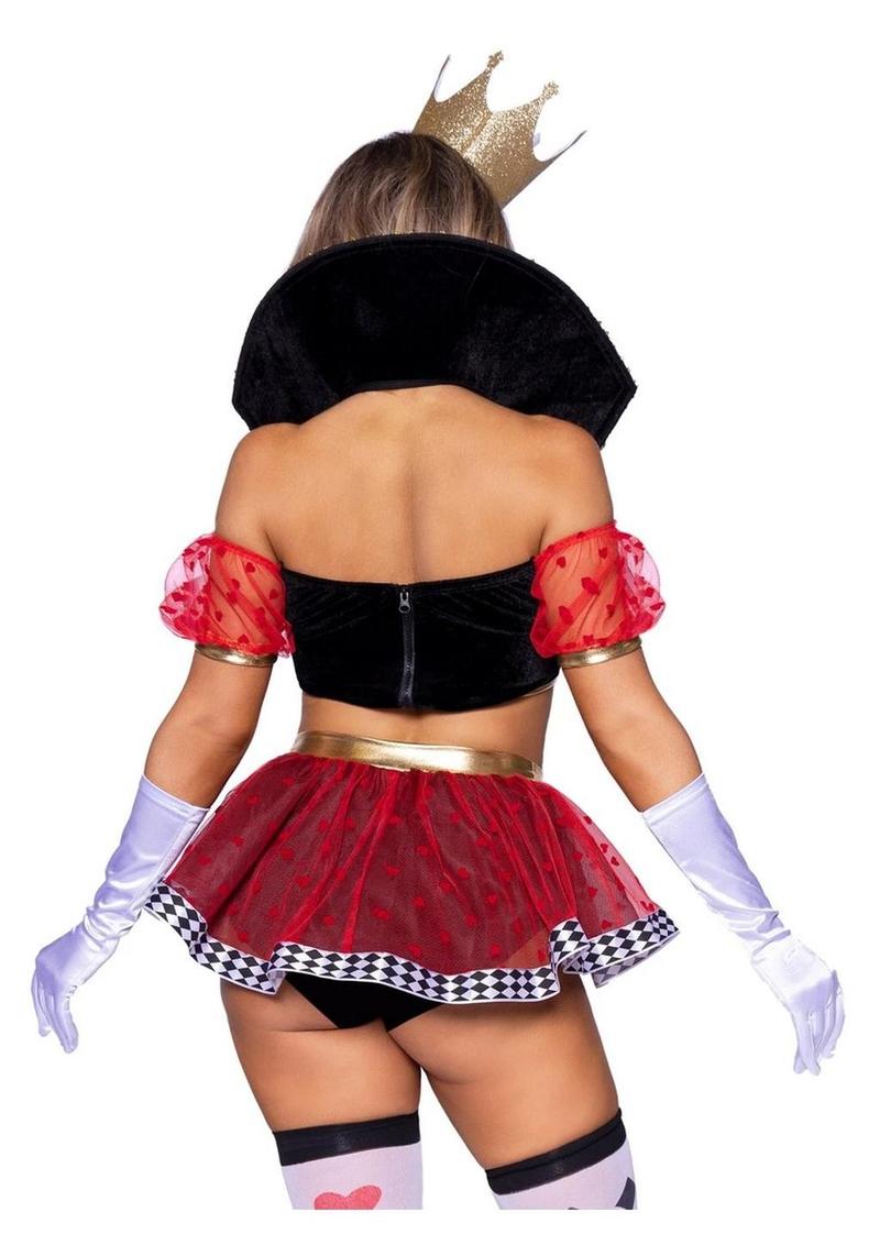 Leg Avenue Wicked Wonderland Queen Tow-Tone Boned Crop Top with Stay Up Collar and Broach Accent, Garter Panty with Peplum Skirt, and Crown Headband - Black/Red - XSmall - 3 Piece