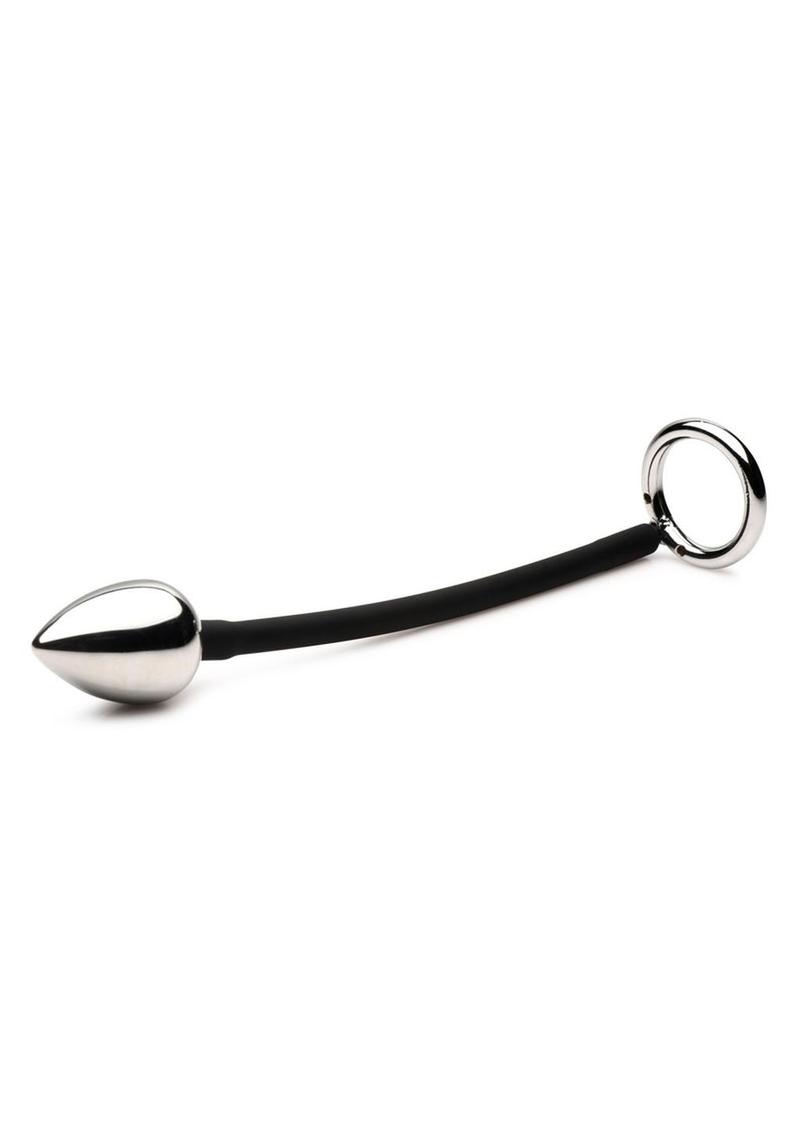Master Series Tug + Plug Aluminum Cock and Ball Ring with Anal Plug - Black/Silver