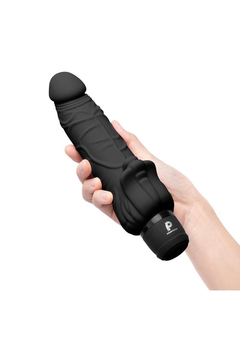 Powercocks Silicone Realistic Vibrator with Clitoral Stimulator - Black - 7in