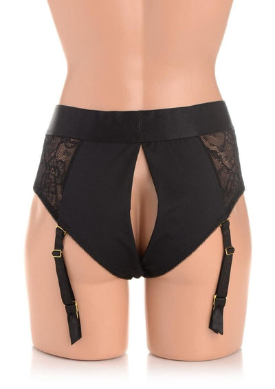 Strap U Laced Seductress Lace Crotchless Panty Harness with Garter Straps - Black - Medium/Small