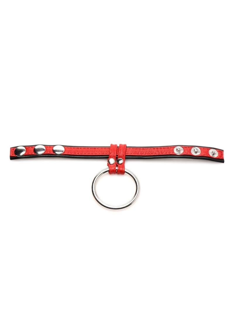 Strict Leather Cock Gear Leather and Steel Cock and Ball Ring - Metal/Red