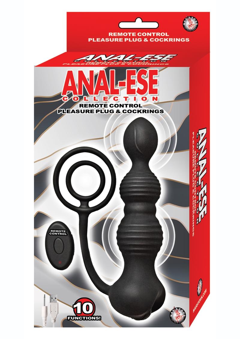 Anal-Ese Silicone Rechargeable Anal Plug and Cock Ring with Remote Control - Black