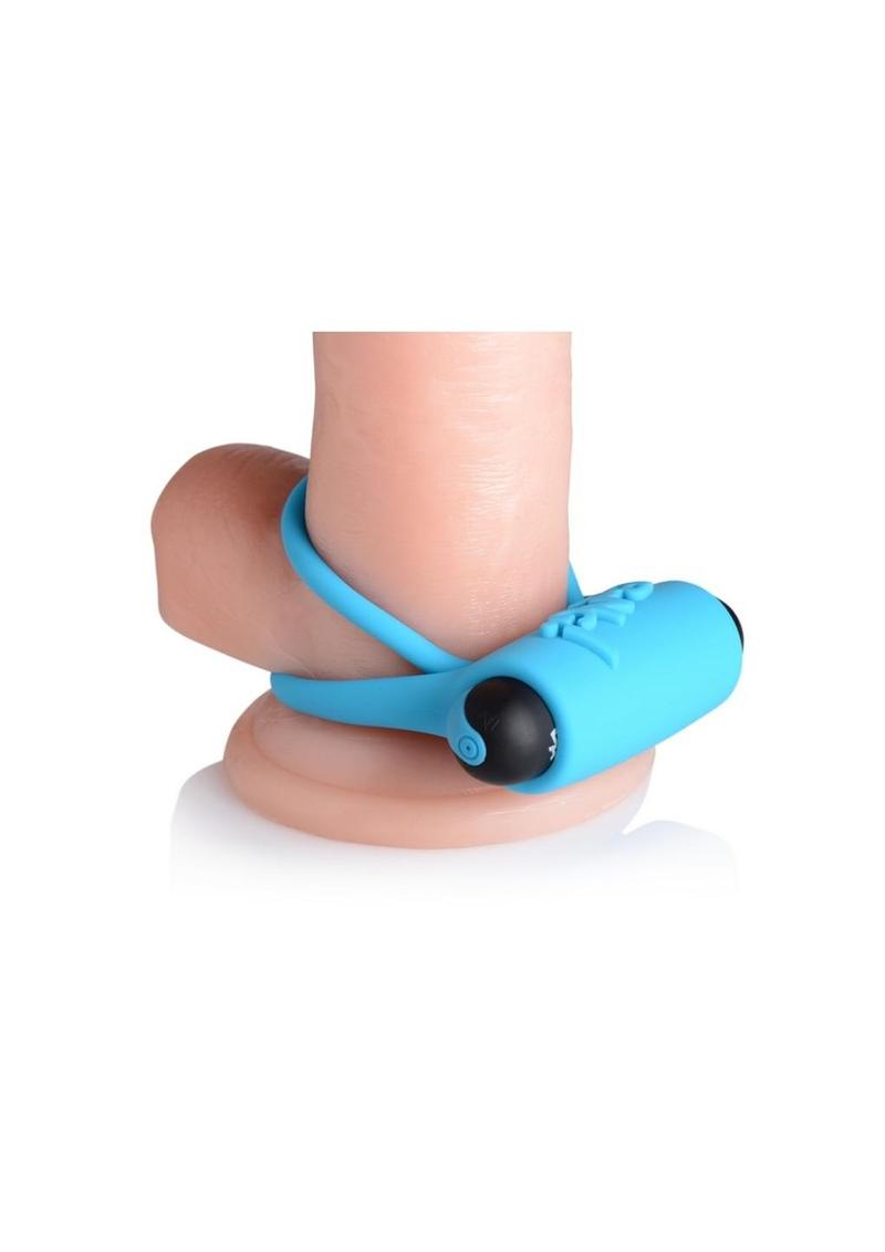 Bang! Silicone Rechargeable Cock Ring and Bullet with Remote Control - Blue