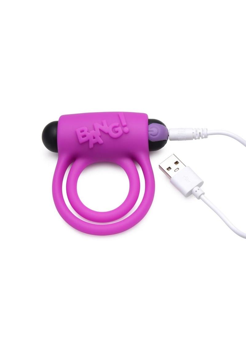 Bang! Silicone Rechargeable Cock Ring and Bullet with Remote Control - Purple