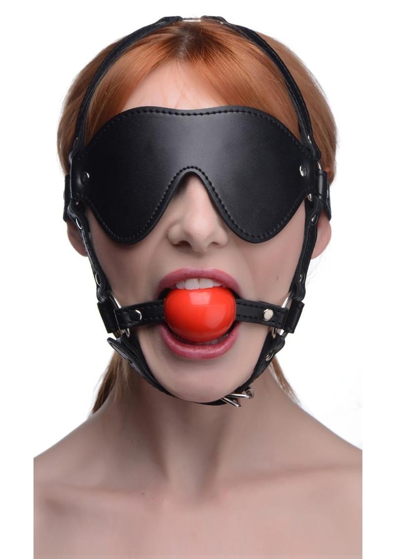 Blindfold Harness with Ball Gag - Black/Red