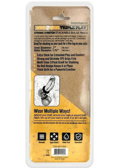 Boneyard Triple Play Stackable Bulge Cock Rings - Assorted Colors/Black - Set Of 3