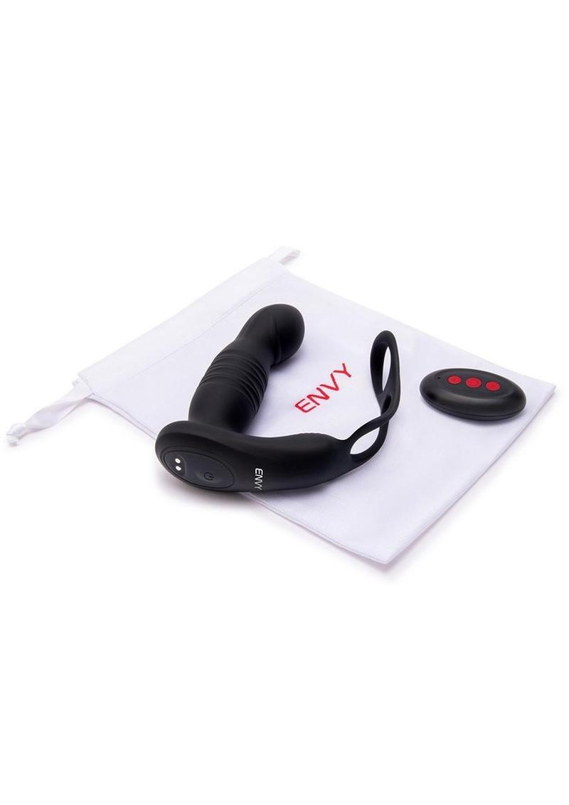 Envy Toys Remote Controlled Thruster Rechargeable Silicone P-Spot Vibrator and Dual Stamina Ring - Black