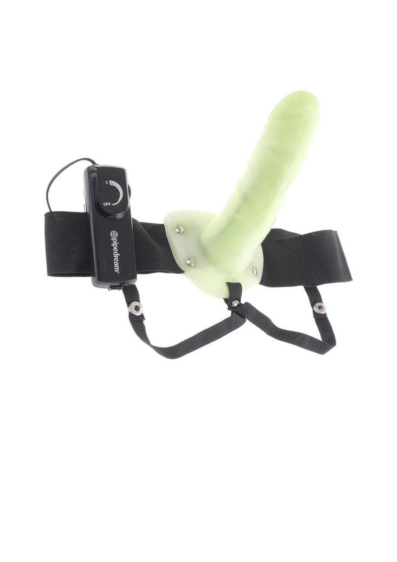 Fetish Fantasy Series For Him Or Her Vibrating Hollow Strap-On Dildo and Adjustable Harness with Remote Control - Glow In The Dark - 6in