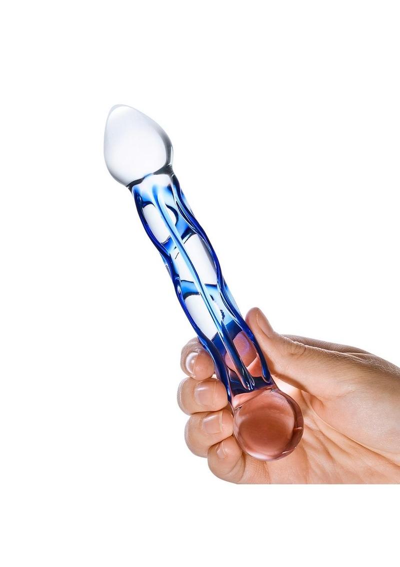 Glas Full Tip Glass Textured Dildo - Blue/Clear - 6.5in