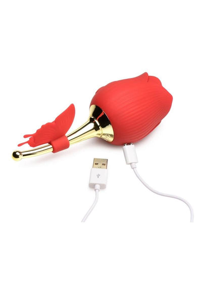 Inmi Bloomgasm Flutter Rose Rechargeable Silicone Sucking Rose with Butterfly Teaser - Gold/Red