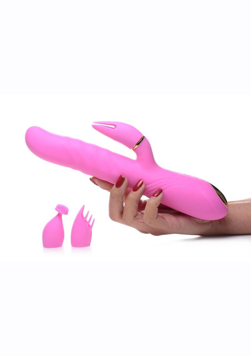 Inmi Versa-Thrust Rechargeable Silicone 10x Rabbit Vibrator with 3 Attachments - Pink