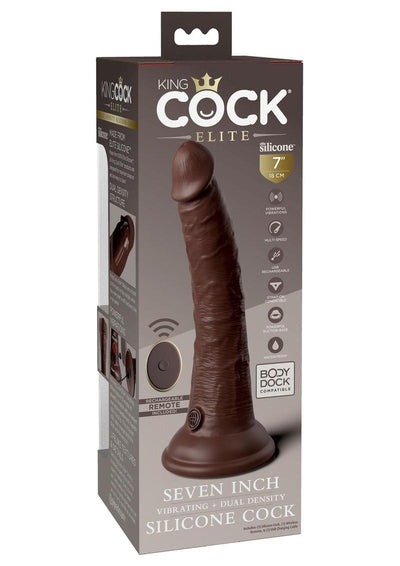 King Cock Elite Dual Density Vibrating Rechargeable Silicone with Remote Control Dildo - Chocolate - 7in