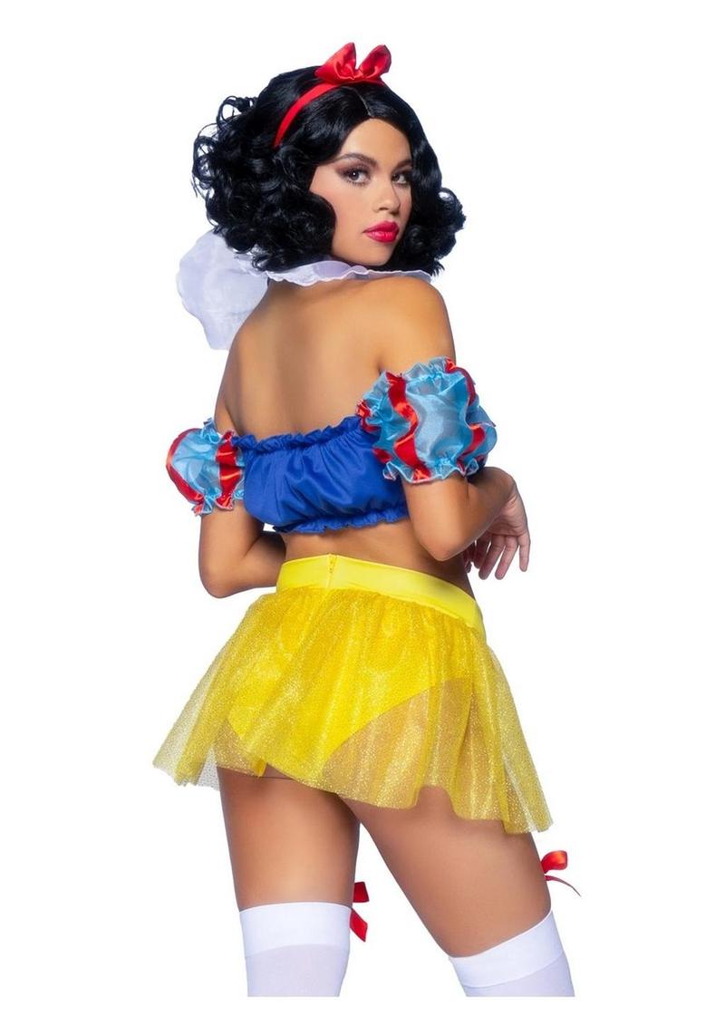 Leg Avenue Bad Apple Snow White, Shimmer Halter Bandeau with Organza Puff Sleeves and Ruffle Collar, Garter Panty with Shimmer Sheer Skirt, and Matching Bow Headband - Multicolor - XSmall - 3 Piece