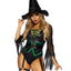 Leg Avenue Broomstick Babe Bodysuit with Lace Up Deep-V and Waist Cincher Buckle Accent, Attached Garters, and Witch Hat