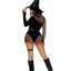 Leg Avenue Crafty Witch Snap Crotch Velvet Bodysuit with Distressed Net and Attached Garter, Choker Body Harness, and Matching Velvet Witch Hat