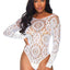 Leg Avenue Crochet Lace Long Sleeved Snap Crotch Thong Back Bodysuit - White - Large/Medium