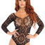 Leg Avenue Crochet Lace Long Sleeved Snap Crotch Thong Back Bodysuit - Black - Medium/Small