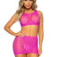Leg Avenue Crochet Net Tank Crop Top and Mini Skirt - Neon Pink/Pink - One Size - 2 Pieces