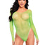 Leg Avenue Crystalized Long Sleeve Fishnet Thong Back Bodysuit with Snap Crotch - Neon Green - One Size