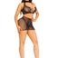 Leg Avenue Dotted Net and Lace Halter Crop Top with Faux Lace Up Front and Mini Skirt - Black - One Size - 2 Piece