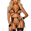 Leg Avenue Eyelash Lace Cage Strap Open Cup Bra with Heart Ring Accent, Garter Belt, G-String Panty and Wrist Cuffs