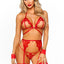 Leg Avenue Eyelash Lace Cage Strap Open Cup Bra with Heart Ring Accent, Garter Belt, G-String Panty and Wrist Cuffs