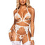 Leg Avenue Eyelash Lace Cage Strap Open Cup Bra with Heart Ring Accent, Garter Belt, G-String Panty and Wrist Cuffs