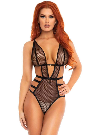 Leg Avenue Fishnet Cut Out Strappy G-String Teddy with Adjustable Straps - Black - Small