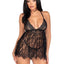 Leg Avenue Floral Lace Babydoll with Eyelash Lace Scalloped Hem Adjustable Cross-Over Straps and G-String Panty - Black - Small