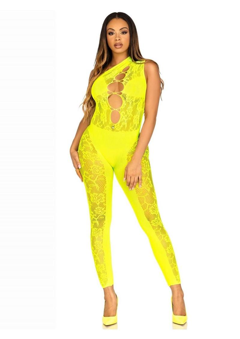 Leg Avenue Floral Lace Convertible Footless Bodystocking with Opaque Panel Detail - Neon Yellow/Yellow - One Size