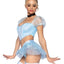 Leg Avenue Glass Slipper Cinderella Boned Sweetheart Crop Top with Organza Sleeves, Garter Panty with Shimmer Sheer Skirt, Ribbon Choker, and Matching Hair Band