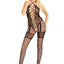 Leg Avenue Heart Net Halter Bodystocking with Faux Lace Up Front and Leg Garter Detail - Black - One Size