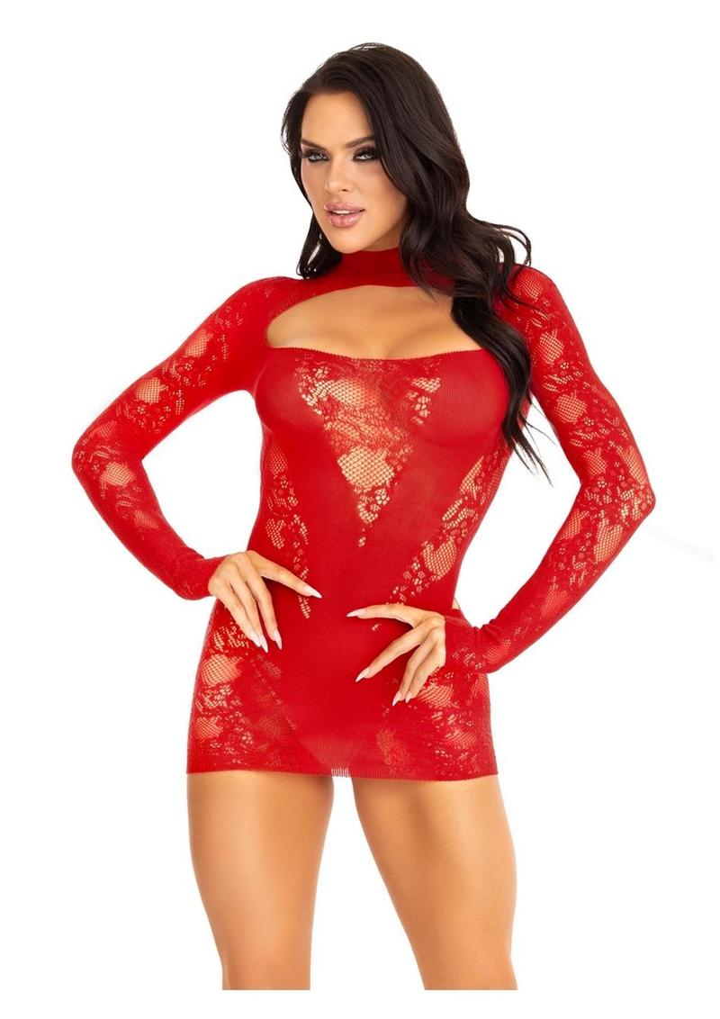 Leg Avenue Lace Keyhole Mini Dress with Opaque Panel Detailing and Glo ...