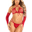 Leg Avenue Mini Heart Net Keyhole Crossover Crop Top, Dual Strap G-String, and Gauntlet Gloves