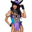 Leg Avenue Mischievous Mad Hatter Garter Bodysuit with Strappy Deep-V and Puff Sleeves, Bow Collar, and Mad Hatter Hat - Multicolor - XSmall - 3 Piece
