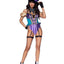 Leg Avenue Mischievous Mad Hatter Garter Bodysuit with Strappy Deep-V and Puff Sleeves, Bow Collar, and Mad Hatter Hat
