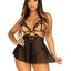 Leg Avenue Open Cup Eyelash Lace and Mesh Babydoll with Heart Ring Accent and Matching Panty - Black - Large