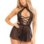 Leg Avenue Plunging Lace Halter Babydoll with Sheer Skirt and Lace G-String - Black - Large - 2 Piece