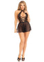 Leg Avenue Plunging Lace Halter Babydoll with Sheer Skirt and Lace G-String - Black - Small - 2 Piece