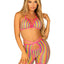 Leg Avenue Rainbow Net Bikini Top with Lace-Up Detail, G-String Panty and Biker Chaps