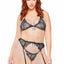 Rhinestone Eyelash Lace Bra Top Garter Belt and G-String - Black - Queen/XLarge/XXLarge - 3 Pieces