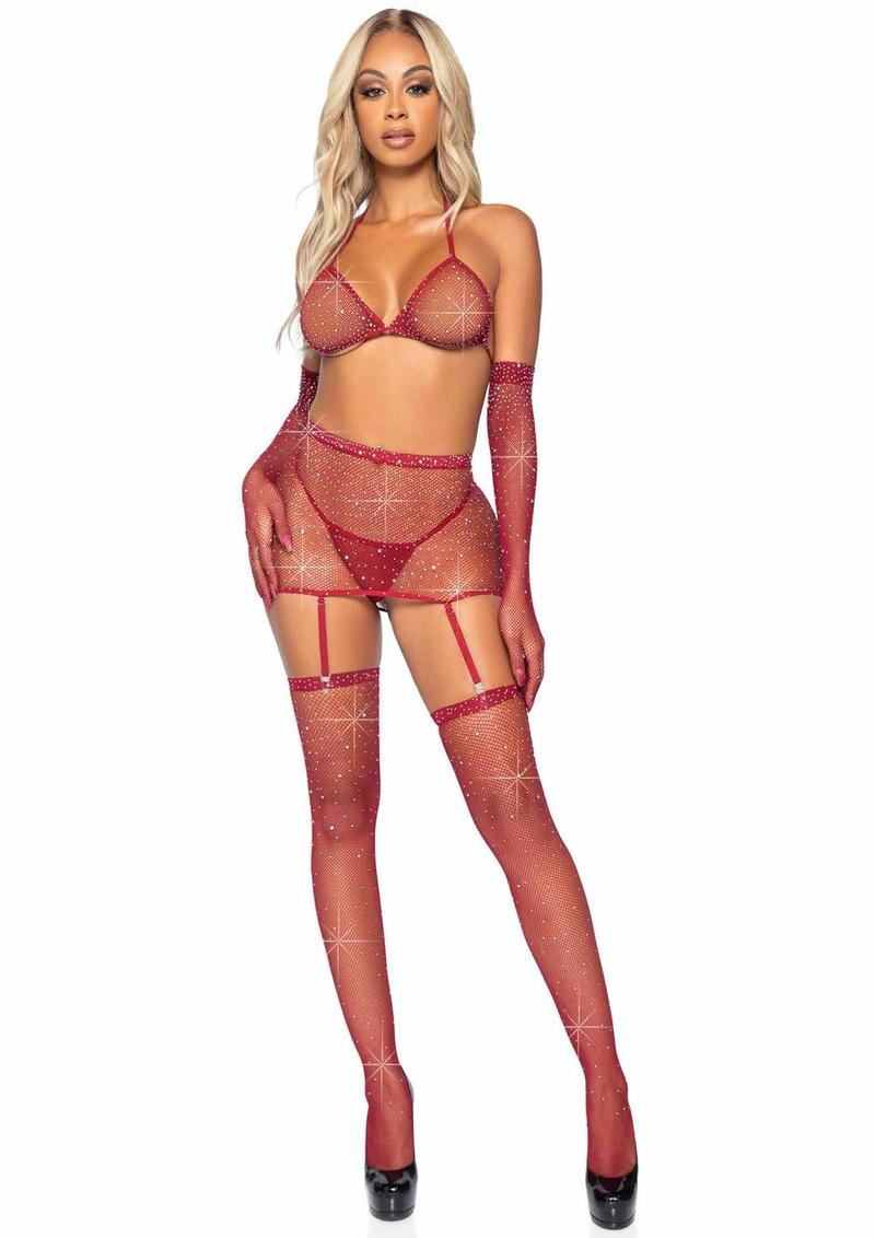 Leg Avenue Rhinestone Fishnet Garter Skirt Set with Bikini Top, G-String, Gloves and Matching Stockings - Burgundy/Red - One Size - 5 Piece