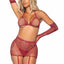 Leg Avenue Rhinestone Fishnet Garter Skirt Set with Bikini Top, G-String, Gloves and Matching Stockings - Burgundy/Red - One Size - 5 Piece