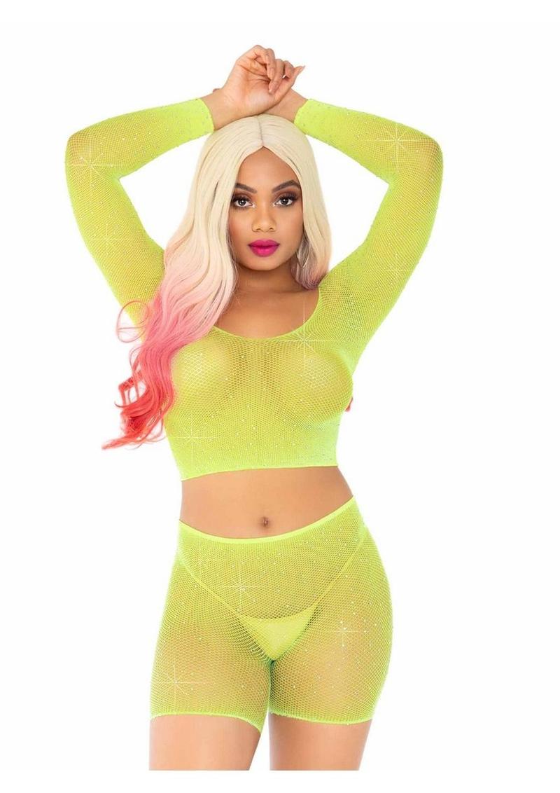 Leg Avenue Rhinestone Fishnet Long Sleeve Crop Top and Biker Shorts - Yellow - One Size - 2 Piece