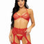 Leg Avenue Rhinestone Lace Bra Top, G-String, and Fishnet Garter Belt Stocking - Red - One Size - 3 Piece