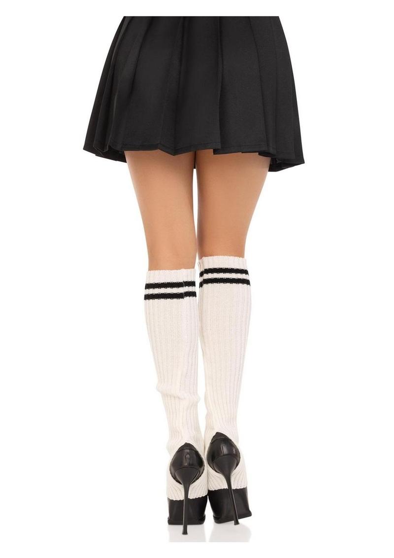 Leg Avenue Ribbed Stirrup Leg Warmers with Athletic Stripe - White - One Size