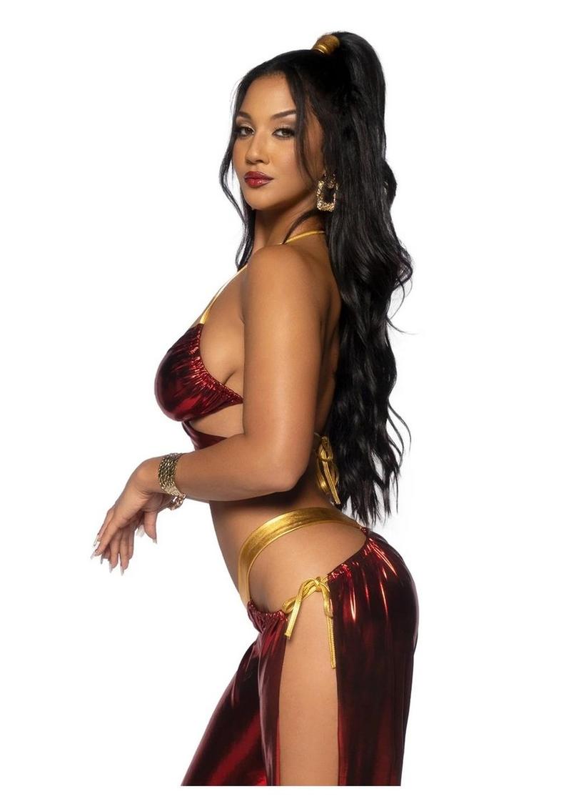 Leg Avenue Ruby Desert Princess Lame Bikini Top and Split Leg Cut-Out Harem Pants with Side Ties - Red - Medium - 2 Piece