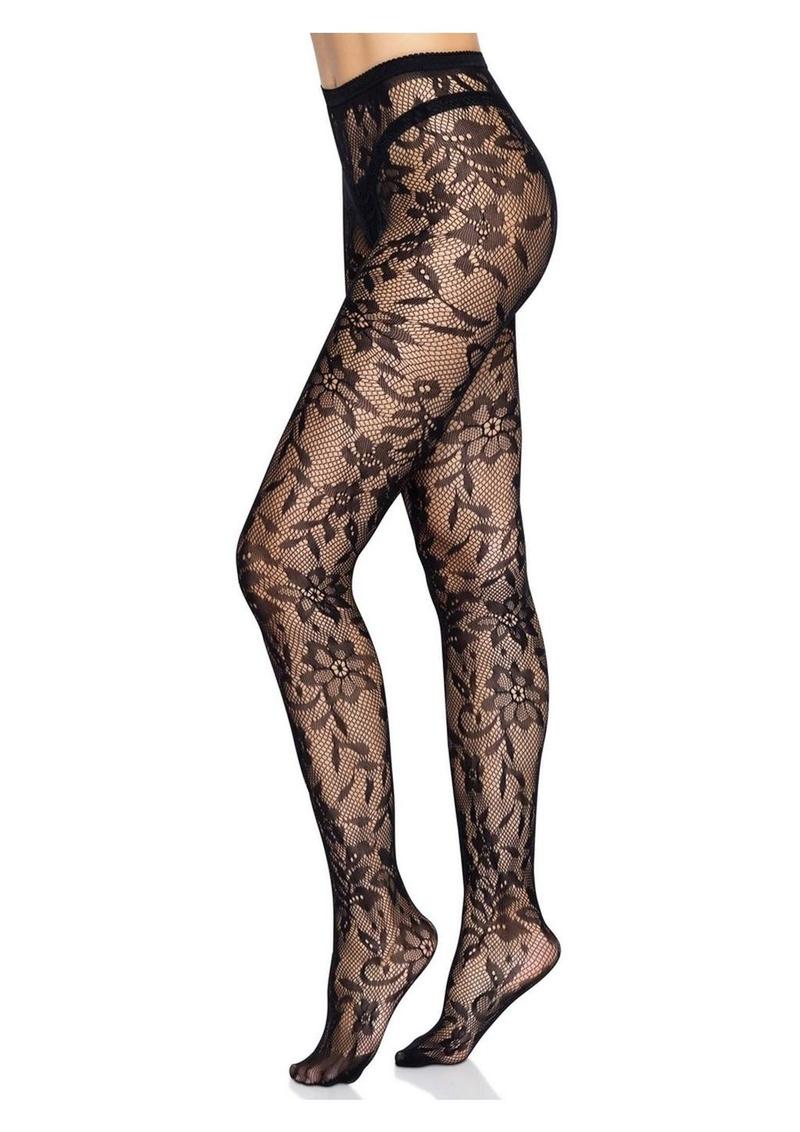 Leg Avenue Seamless Chantilly Floral Lace Tights - Black - One Size