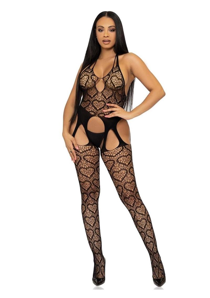 Leg Avenue Seamless Heart Net Suspender Bodystocking - Black - One Size